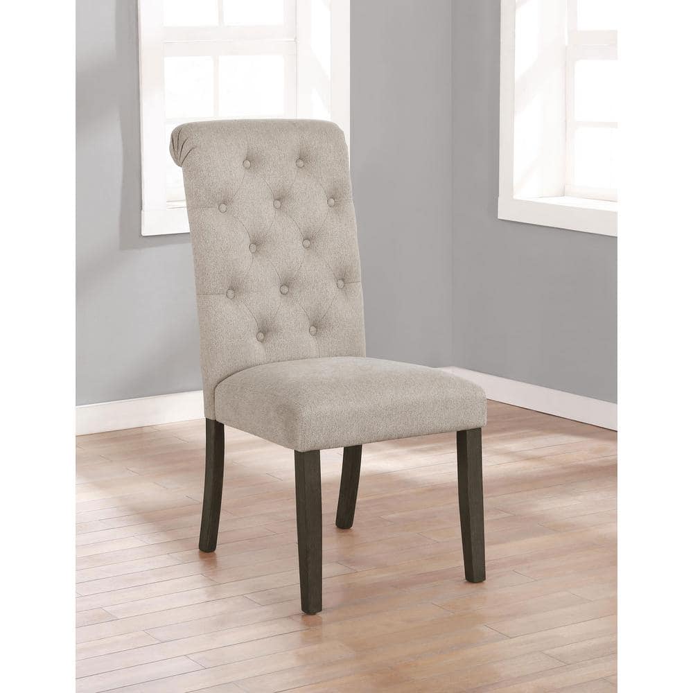Elegant Beige Upholstered Parsons Side Chair with Rustic Wood Legs