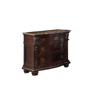 Dark Cherry Brown European Style Nightstand with 3 Drawers and Marble Top 32.5 in. H x 19.5 in. W x 34.5 in. D