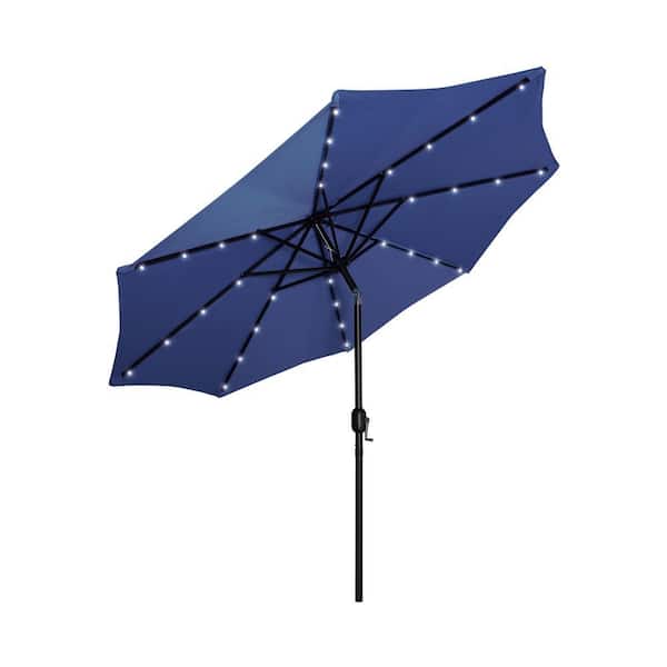 Marina Navy Blue 9 ft. Market Solar Powered LED Lighted Tilt Patio Crank Umbrella