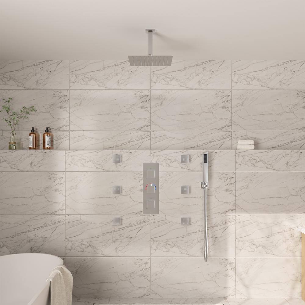 Brushed Nickel Ceiling Mounted Dual Shower System with Body Jets