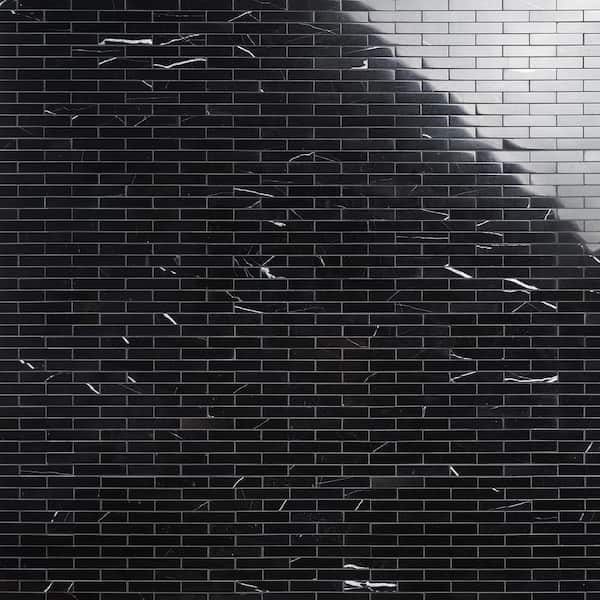Ivy Hill Tile Blackout Nero Marquina 4 in. x 0.39 in. Piano Brick Polished Marble Floor and Wall Mosaic Tile Sample
