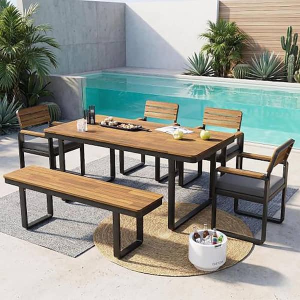 6-Piece Acacia Wood Patio Outdoor Dining Set with Gray Cushions and Bench