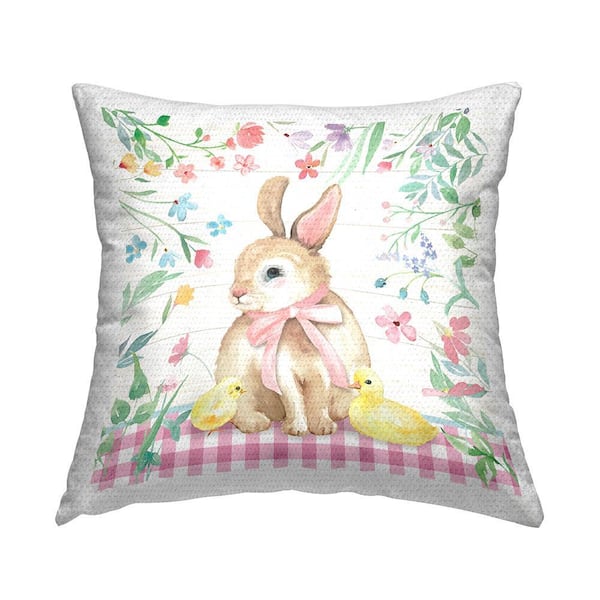Spring Bunny and Florals Multi-Color Square Outdoor Throw Pillow