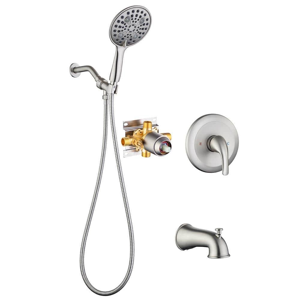 Single Handle 6-Spray Patterns 1 Showerhead Shower Faucet Set 1.8 GPM with High Pressure Hand Shower in Brushed Nickel