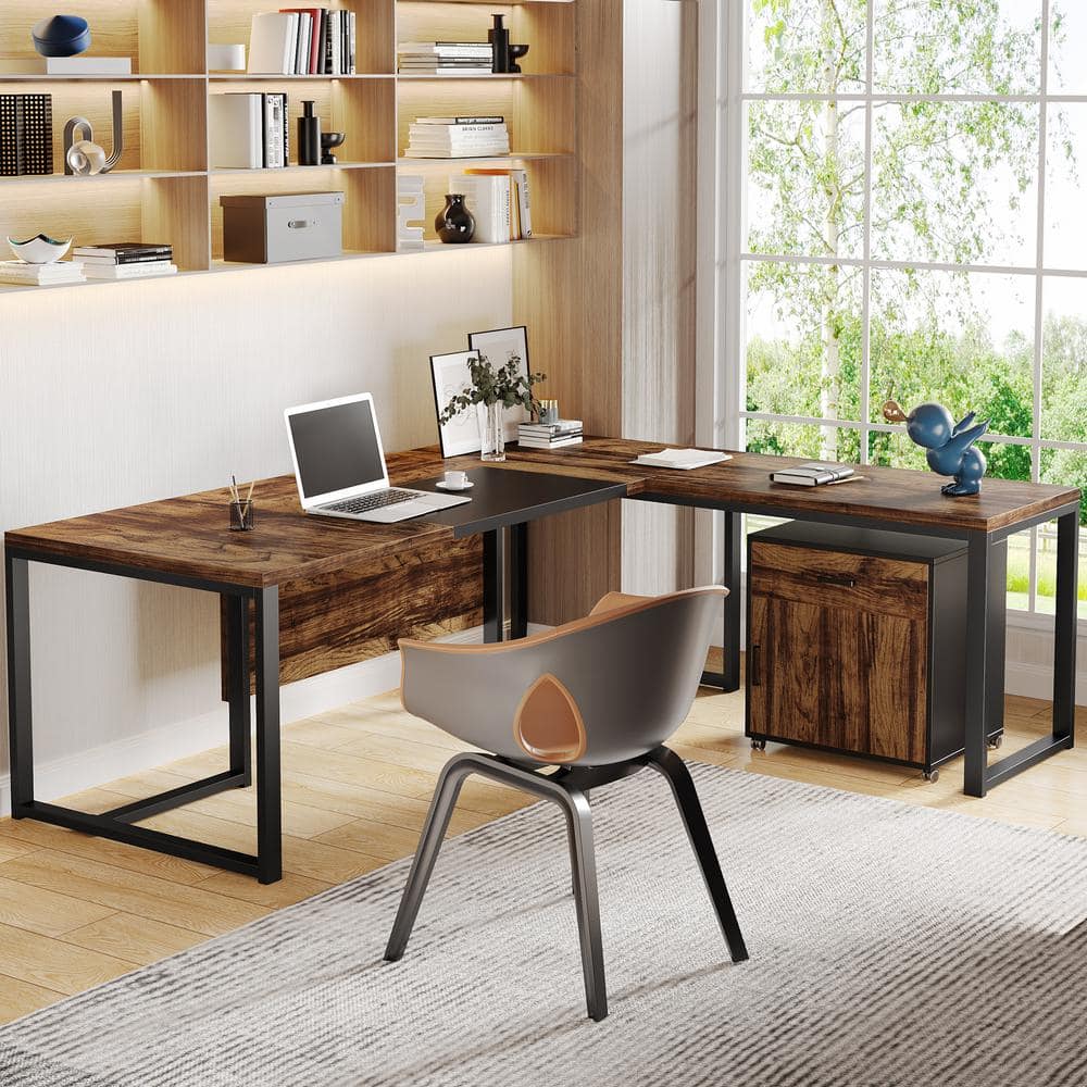 71'' Rustic Brown and Black L-Shaped Desk with Mobile File Cabinet