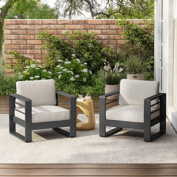 Perry Black Aluminum Patio Outdoor Lounge Chair with Beige Cushions, Set of 2