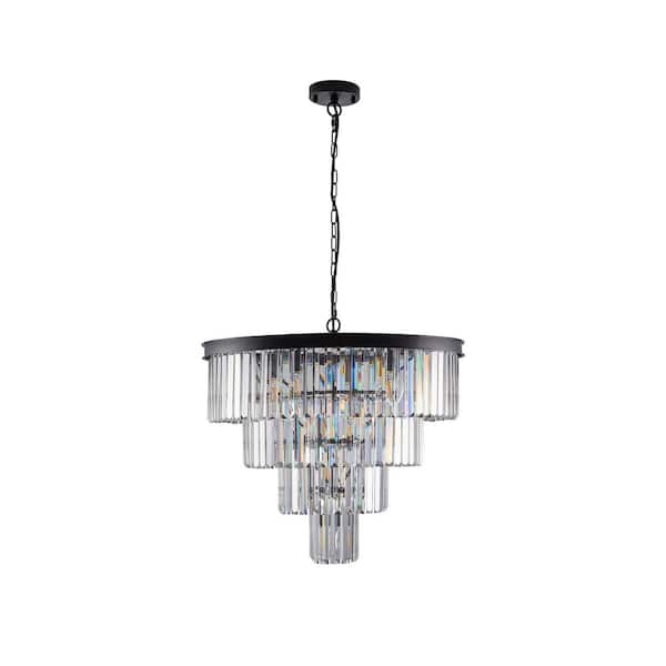 Crysia 24 in. 12-Light 4-Tier Black Crystal Chandelier for Dining Room, Living Room