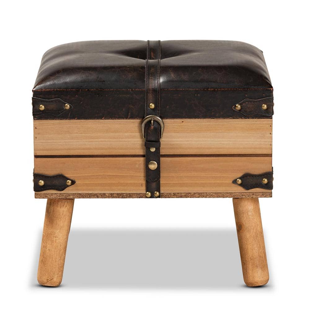 Rustic Oak and Dark Brown PU Leather Small Storage Ottoman