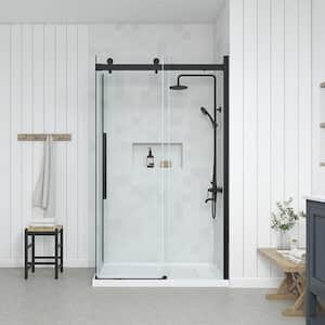 Bel Soft Close 48 in W Corner Frameless Sliding Shower Door in Black and Shower Pan