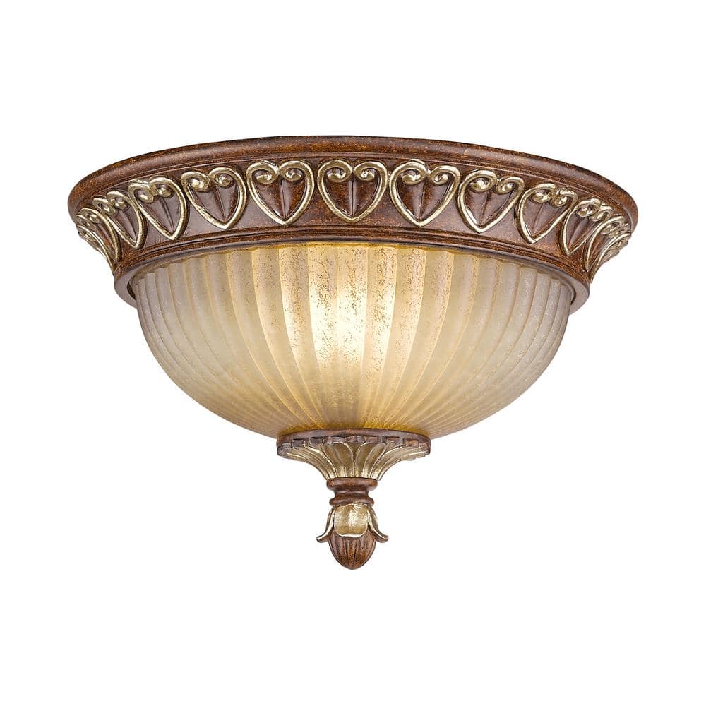 Verona Bronze & Aged Gold Leaf Dual-Light Flush Mount with Rustic Art Glass