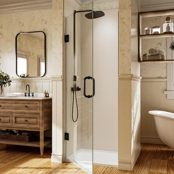 28 in. W x 72 in. H Frameless Pivot Hinged Shower Door in Black with Handle and 5/16 in. (8 mm) Clear Glass