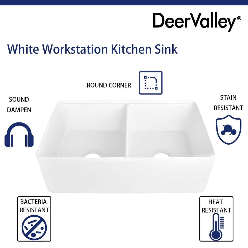 33" White Fireclay Double Bowl Farmhouse Workstation Sink
