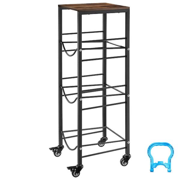 4-Tier Water Jug Rack, Organizer for 3 and 5 Gal. Bottles with Shelf and Wheels, Black and Brown, Heavy-Duty Stand