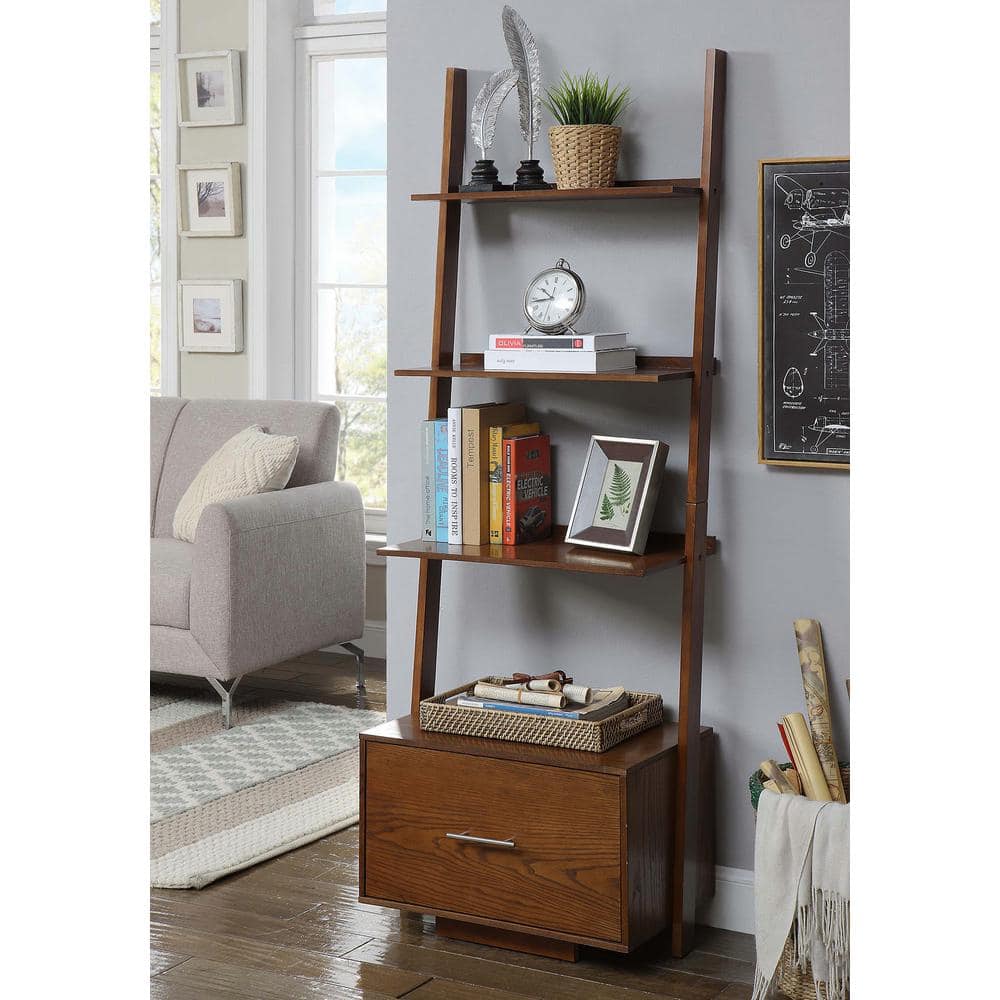 Heritage Dark Walnut Wooden Ladder Bookcase with File Storage