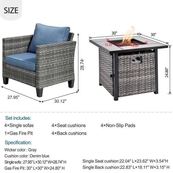 OVIOS New Vultros Gray 5-Piece Wicker Patio Fire Pit Conversation Seating  Set with Blue Cushions FPGRS3042 - The Home Depot