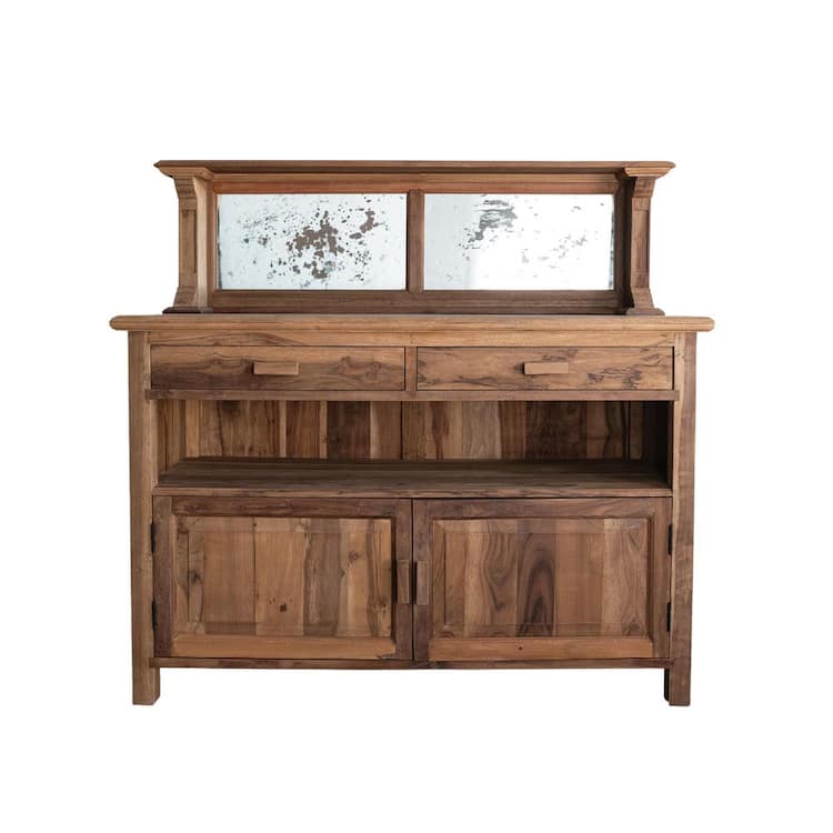 Storied Home Natural 54 in. Sideboard with Antique Mirrored Back, 2 Doors, 2 Drawers and 1 Shelf