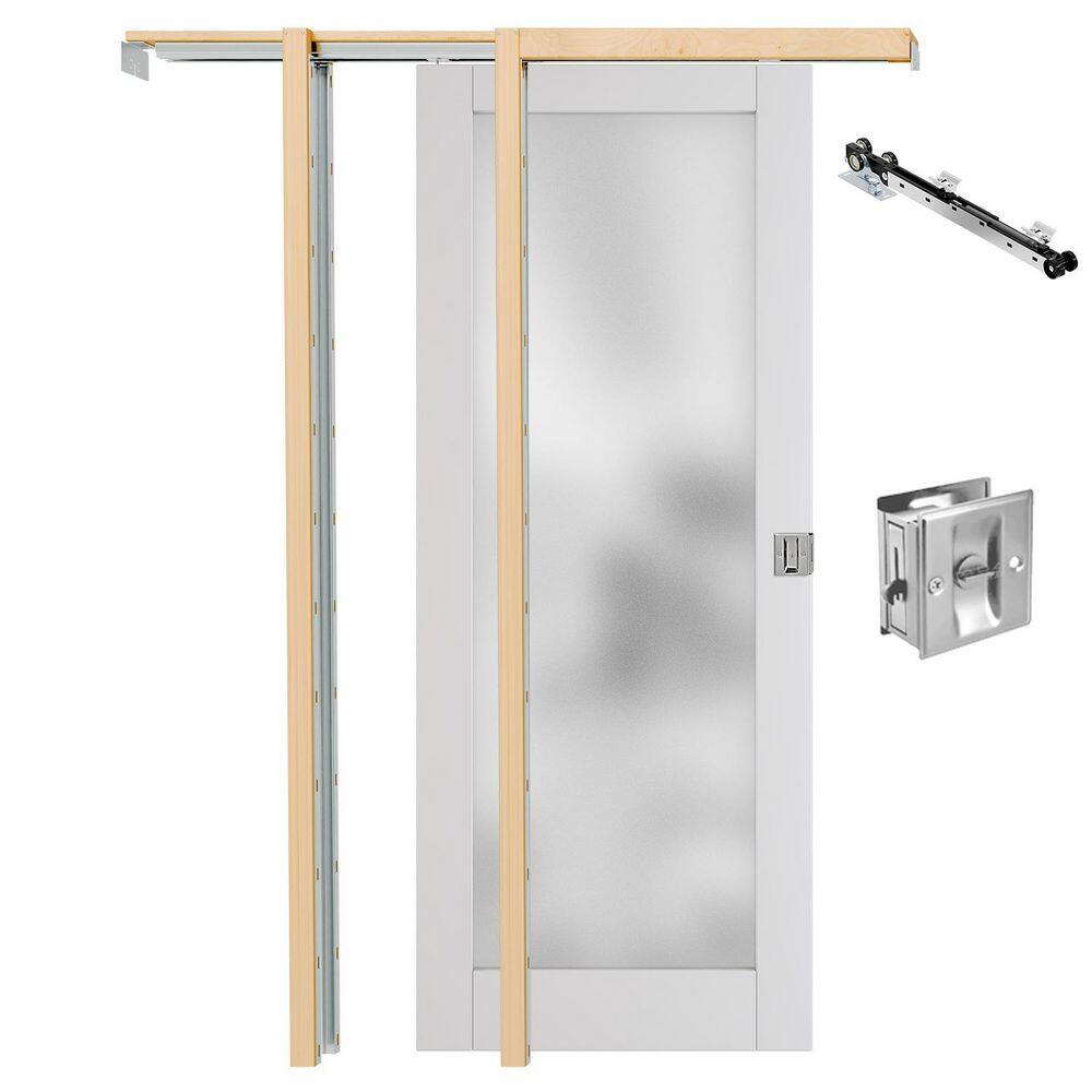 24 in. x 80 in. 1-Lite Frosted Glass White Primed Wood Pocket Door with Lock, Soft Close & Frame Kit, Interior Door price history on PriceWatchPro