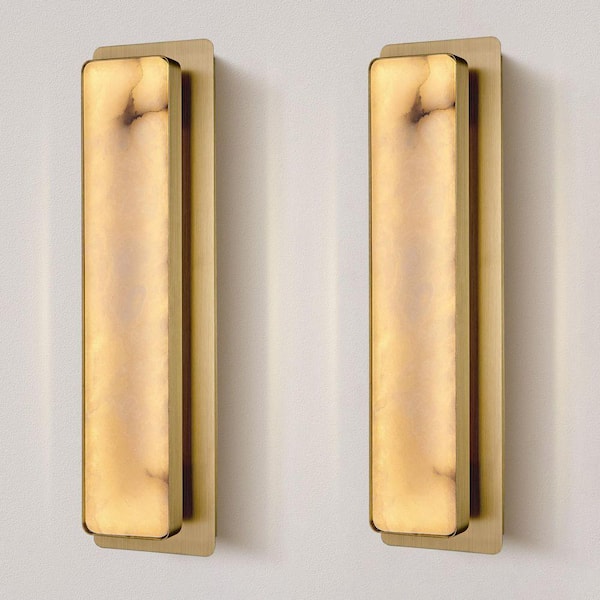 20 in. 1-Light 2-Piece Gold LED Wall Sconce, Natural Alabaster Modern Wall Light for Bedroom, Bathroom, Living Room
