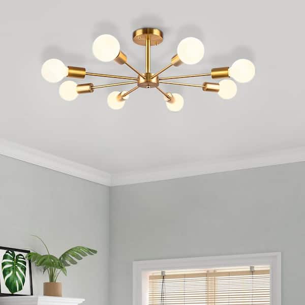 Rennnsan Claire 24 in. 8-Light Gold Mid-Century Pendant Ceiling Light Sputnik Semi- Flush Mount Light