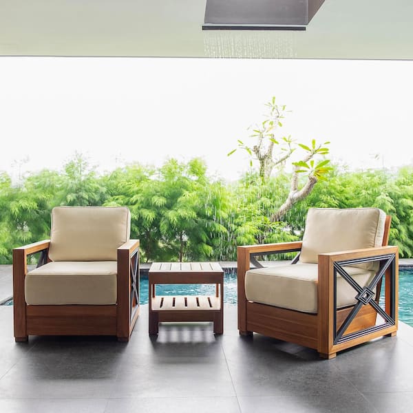 Provence 3-Piece Outdoor Teak Wood Patio Conversation Set with Ivory Cushion