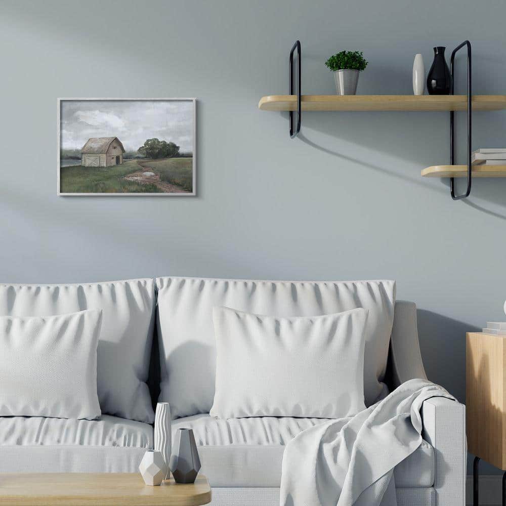 Cloudy Barn Landscape on Canvas with Gray Frame, 16 x 20