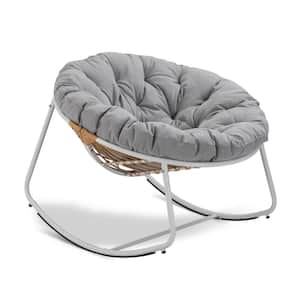 Rattan Rope White Frame 40 in. W Metal Outdoor Rocking Chair with Light Gray Olefin Cushion