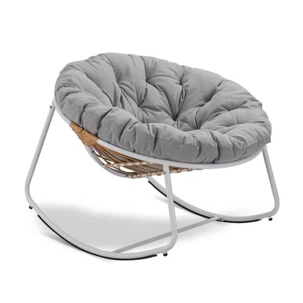 Tenleaf Rattan Rope White Frame 40 in. W Metal Outdoor Rocking Chair with Light Gray Olefin Cushion