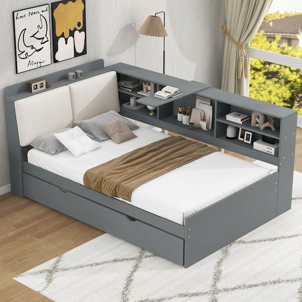 Nestfair Gray Wood Frame Twin Size Platform Bed with Trundle and Rotatable Storage Board