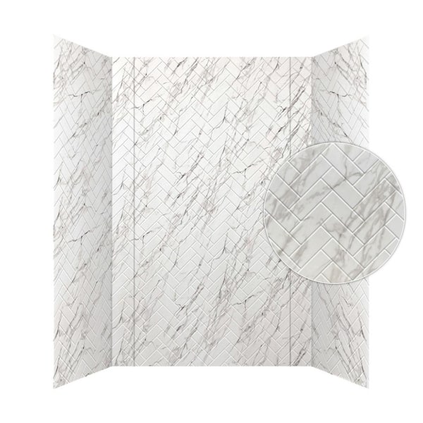 FROM PLAIN TO BEAUTIFUL IN HOURS Herringbone 60 in. W x 96 in. H x 42 in. D 3-piece Glue-Up PVC Tub Surrounds Wall Panels in Marble