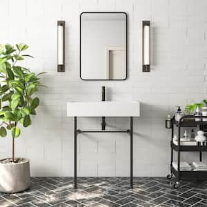 30 in. White Ceramic Rectangular Console Sink Basin and Leg Combo with Overflow