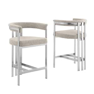 Riley 30 in. Grey Color Low Back Metal Frame Matte Brushed Chrome Base Bar Stool With Boucle Fabric Set of 2