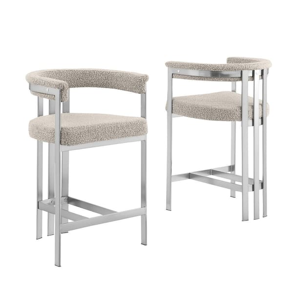 Best Quality Furniture Riley 30 in. Grey Color Low Back Metal Frame Matte Brushed Chrome Base Bar Stool With Boucle Fabric Set of 2