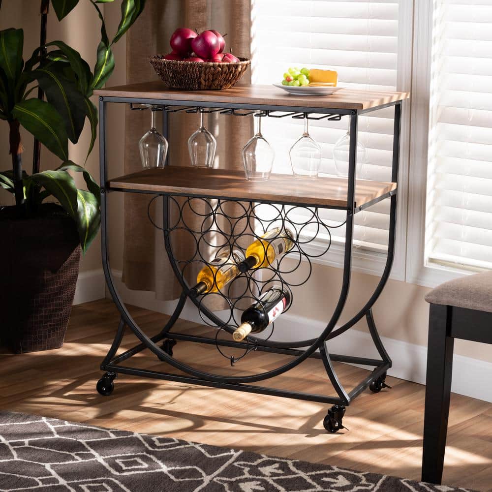 Vintage Industrial Black Metal & Walnut Wood Mobile Wine Bar Cart
