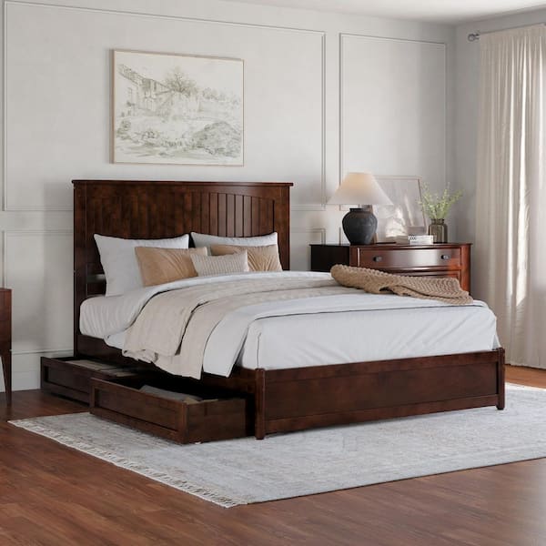 AFI Malta Walnut Brown Solid Wood Frame Queen Platform Bed with Panel Footboard and Storage Drawers