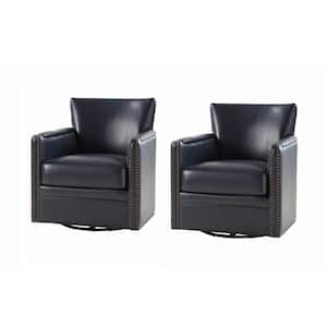 Amparo Navy 29 in. W Contemporary Genuine Leather Swivel Chair with Nailhead Trim Arm Set of 2