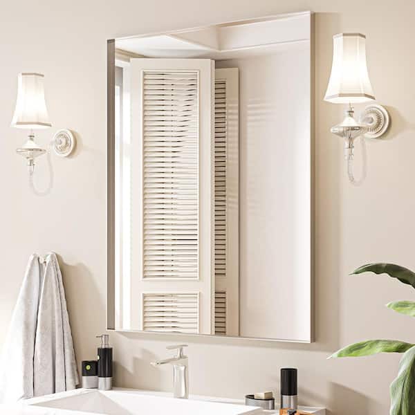 28 in. W x 36 in. H Rectangular Aluminum Framed Wall Bathroom Vanity Mirror in Brushed Sliver
