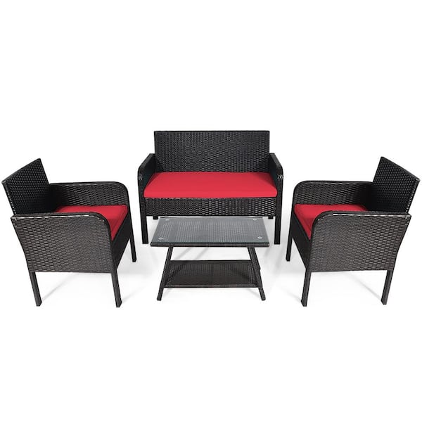 HONEY JOY 4-Piece Wicker Patio Conversation Set Rattan Sofa Furniture Set with Tempered Glass Table and Red Cushions