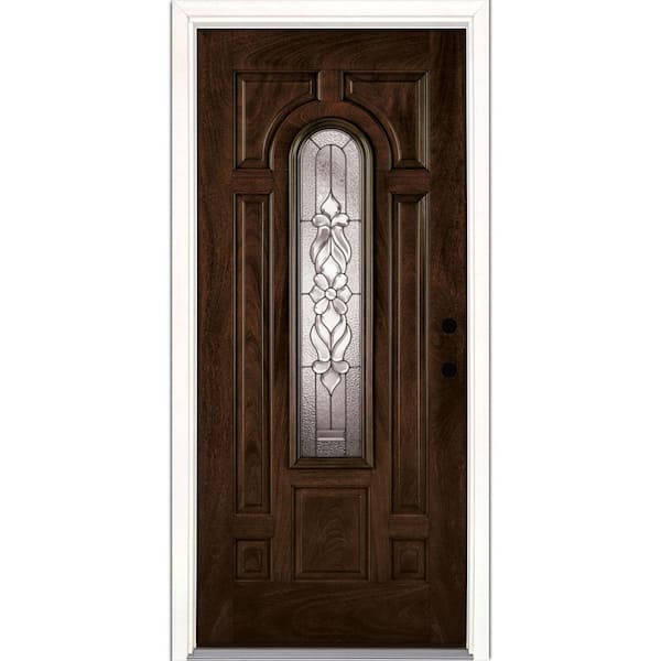 Feather River Doors 37.5 in. x 81.625 in. Lakewood Zinc Center Arch Lite Stained Chestnut Mahogany Left-Hand Fiberglass Prehung Front Door