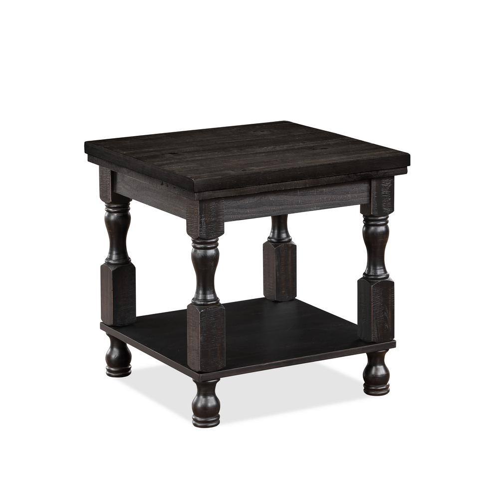 Antique Black Solid Wood Round End Table with Shelf