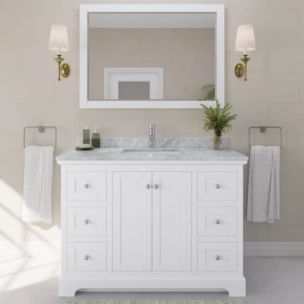 Wyndham Collection Avery 48 in. W x 22 in. D Bathroom Vanity in White with Marble Vanity Top in White Carrara with White Basin