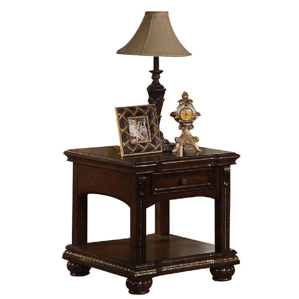 Cherry Brown Wooden End Table with Glass Top and Storage