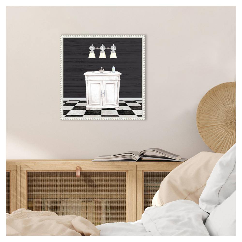 Modern Bathroom I Black and White Canvas Wall Art with White Frame
