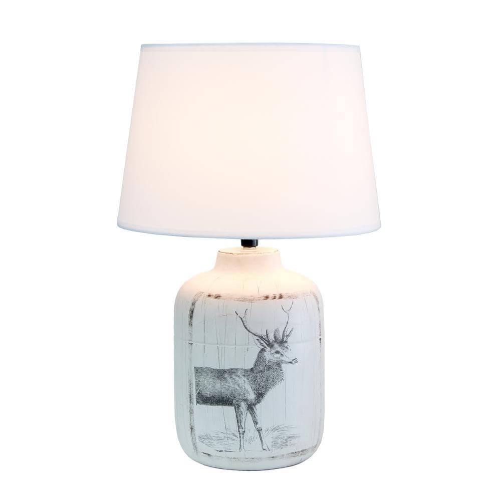 White Ceramic Deer Print Nightstand Lamp with Linen Shade