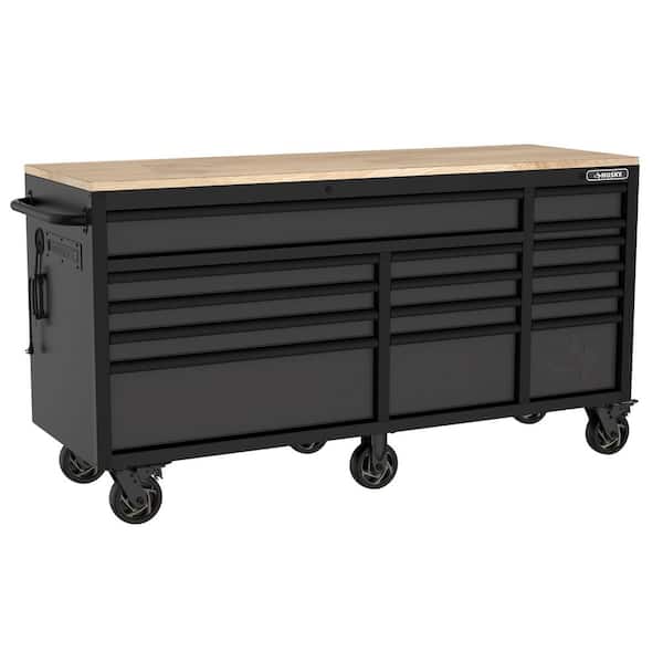Husky Heavy-Duty 72 in. W 15-Drawer Matte Black Mobile Workbench with Wood top H72MWC15BLK-TL