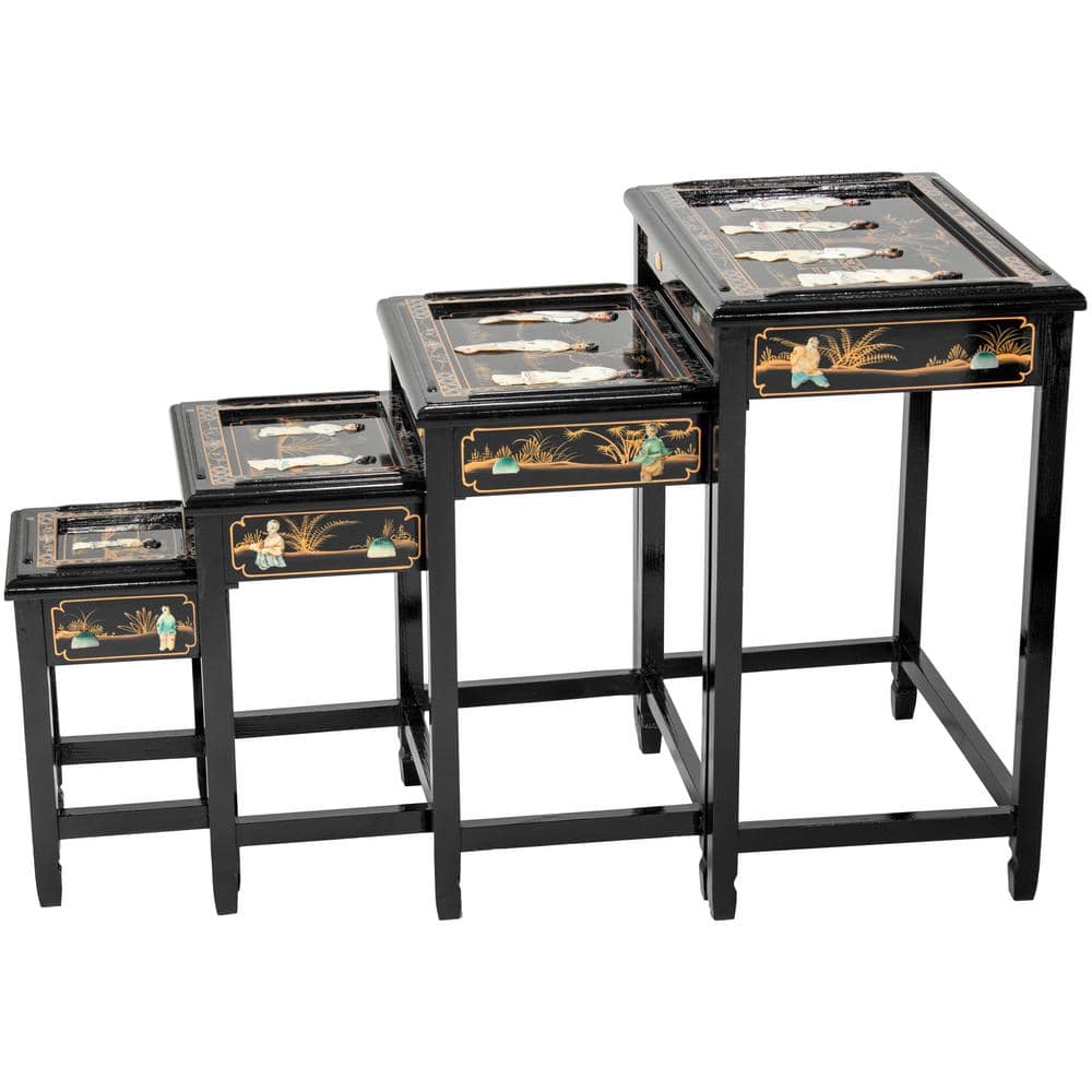 Elegant Elmwood Black Lacquer Nesting Tables with Mother of Pearl Inlay