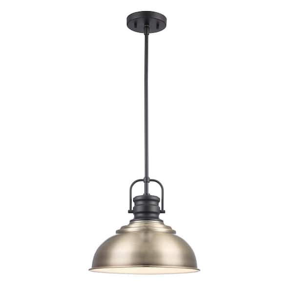 Shelston 13 in. 1-Light Antique Gold and Black Farmhouse Pendant Light Fixture with Metal Shade