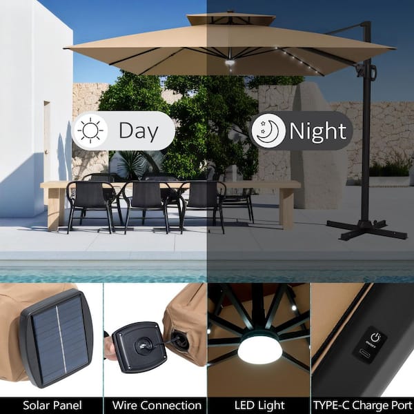 11-ft solar powered market patio umbrella with base 3 Tiers Outdoor LED 11FT / Khaki The set includes a heavy FLAME&SHADE 11ft LED Outdoor Offset