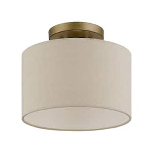 Burnett 10 in. 1-Light Antique Gold Leaf Semi-Flush Mount with Parchment Color Fabric Shade with White Fabric Inside