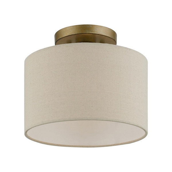 Livex Lighting Burnett 10 in. 1-Light Antique Gold Leaf Semi-Flush Mount with Parchment Color Fabric Shade with White Fabric Inside