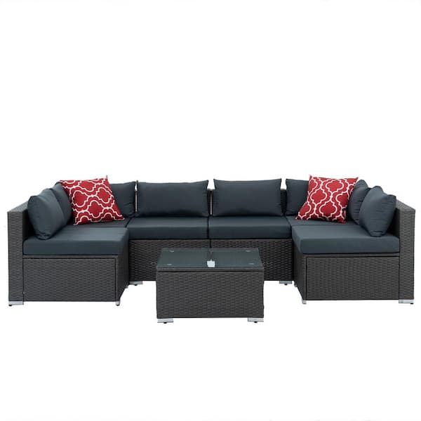 HOTEBIKE Gray Rattan Wicker 6 Seat 7-Piece Outdoor Patio Sectional Set with Gray Cushions and Coffee Table